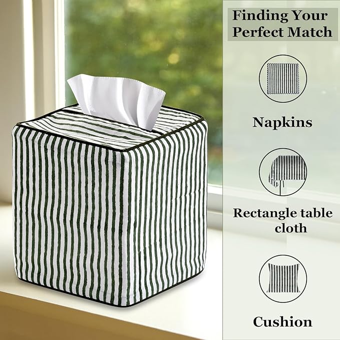 Ridhi Green Stripe Block Print Tissue Box Cover Handmade Cotton Fabric Decorative Square Napkin Holder for Home Bedroom Living Room Bathroom Vanity Countertop Car Night Stands Office Kitchen