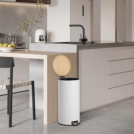 GarveeHome 8 Gallon Step Trash Can with Soft-Close Bamboo Lid, Stainless Steel Garbage Can with Removable Inner Bucket, 30L Round Trash Bin, Perfect for Kitchen, Bathroom, Living Room, White