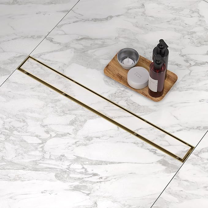 Linear Shower Drain.30 Inch Shower Trench Drain with 2-in-1 Flat Cover & Inser Cover,304 Stainless Rectangle Steel Shower Floor Drain with Hair Strainer and Leveling Feet (Gold, 30 in)