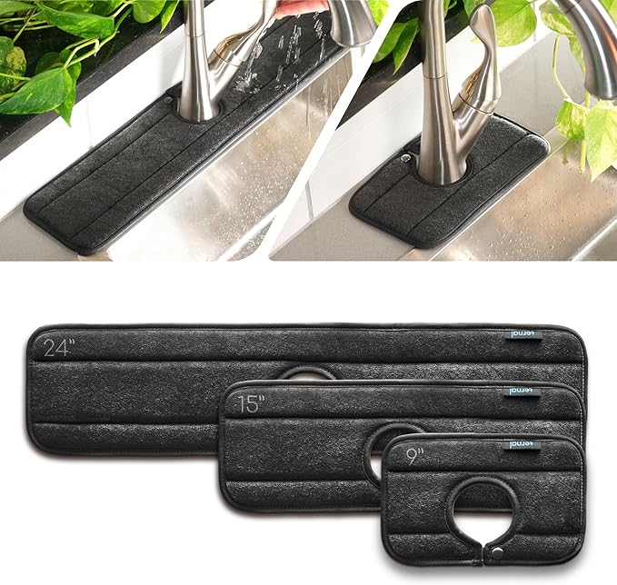 Ternal Sinkmat for Kitchen Faucet, Original Design, Absorbent Microfiber Fabric, Machine Washable Splash Guard & Drip Catcher For Around Faucet Handle [Black Bundle, 24",15" & 9"]