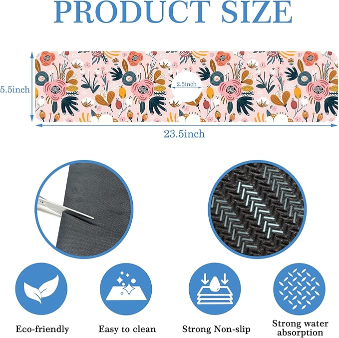 Flower Berrie Leave Faucet Mat for Kitchen Sink Floral Texture, Soft Diatom Mud Material, Strong Water Absorption, Non-slip, Easy to Clean for Bathroom, Kitchen 23.5"X5.5"
