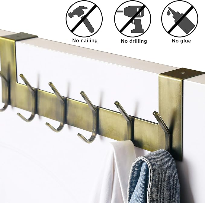 Dseap Over The Door Hook Hanger - 6 Hooks Over Door Coat Rack for Hanging Clothes Hat Towel, Bronze, 2 Packs