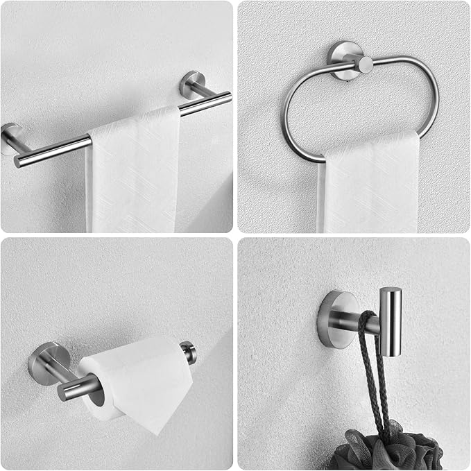 7 PCS Bathroom Hardware Set, Brushed Nickel Stainless Steel Bathroom Tower Rack Set Wall Mounted Includes 16" Towel Bar, Toilet Towel Paper Holder, Towel Ring, 4 Robe Towel Hooks