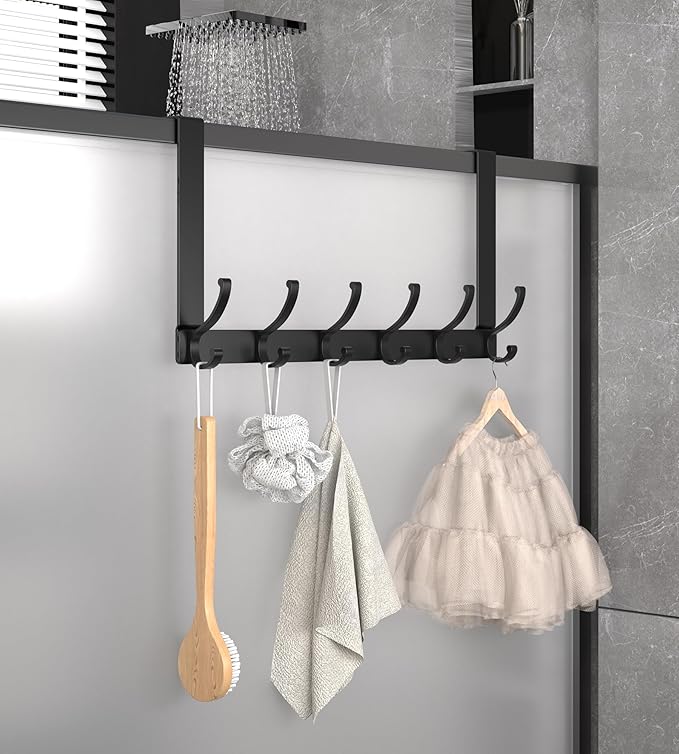 KitchLife Over The Door Hooks Hanger with 7 inches Extended Arms, Fits 1 3/4" Doors, F18U, Bathroom Towel Rack Organization, Thickened 6-Double Hook, Matte Black