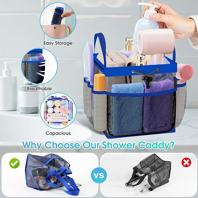 Mesh Shower Caddy Portable with Drawstring, 1 Main Compartment+ 7 Pockets, College Dorm Room Essentials for Girls, Shower Organizer Hanging Bag for Beach, Camp, Swim, Gym, Travel(Blue)