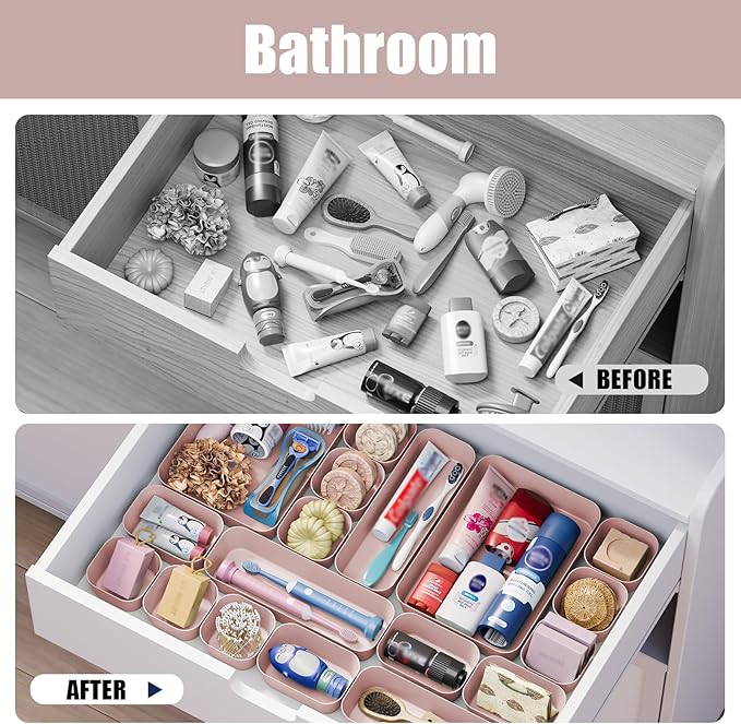 Plastic Drawer Organizers, 28 PCS Drawer Organizer Bins, Bathroom and Vanity Organizer Plastic Tray, Makeup organizer and storage for Makeup, Bedroom, Kitchen Gadgets Utensils and Office