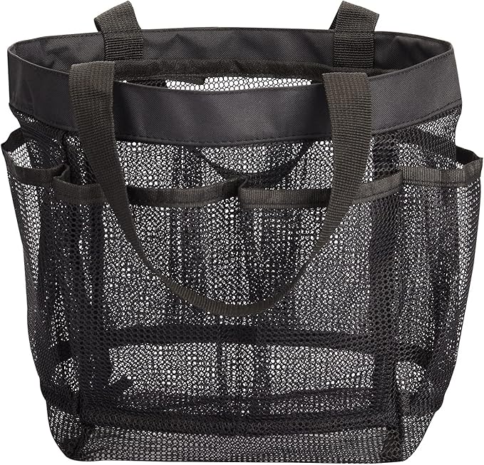 HAOGUAGUA Mesh Shower Caddy Tote Bag 8 Pockets, Hanging Portable Toiletry Bag for Men and Women, College Dorm Essentials Quick Dry Bath Organizer for College Dorms, Gym, Camp (Black)