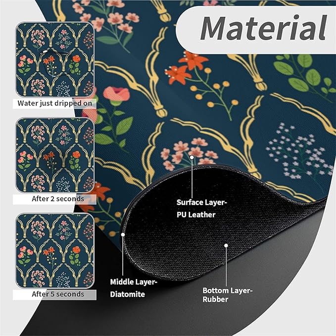 Faucet Draining Mat For Kitchen Sink, Floral Wildflower Dark Green Diatom Mud Absorbent Drain Pad For Bathroom Kitchen Sink Splash Guard Drying Mat