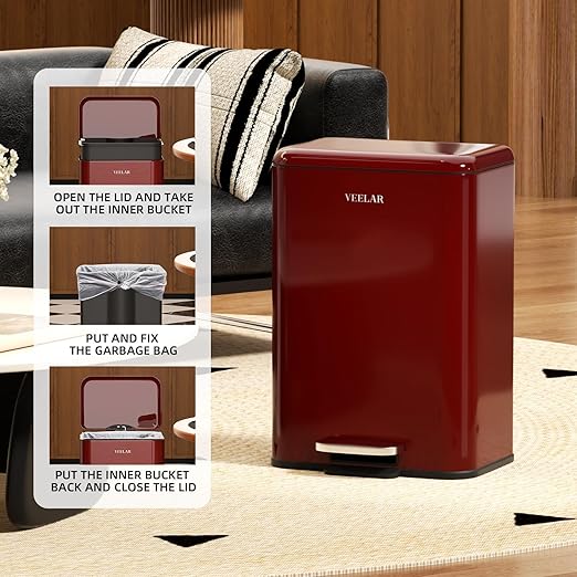 Kitchen Bathroom Trash Can - Stainless Steel Garbage Cans with Foot Pedal, Recycling Bin with Lid for Office Bathroom Decor (Red, 13 Liter / 3.5 Gallon)