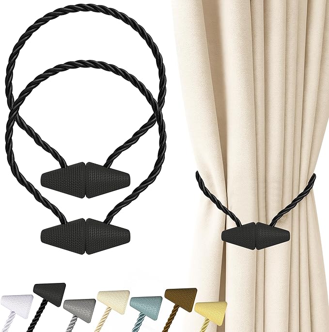 Hion Magnetic Curtain Tiebacks Black 2pcs, Curtain Tiebacks Buckles Holdbacks Holders Hooks Clip for Home Bedroom Office Decorative Curtain