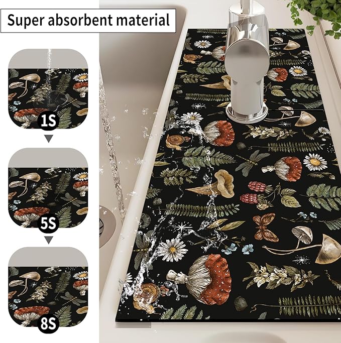 Absorbent Splash Guard Mat for Kitchen Sink, 15×5.5 Inch Cute Fast Drying Drip Catcher Behind Faucet Mat, Non-Slip, Washable Sink Mat Gadgets for Bathroom, Kitchen, Bar Vantage Mushrooms