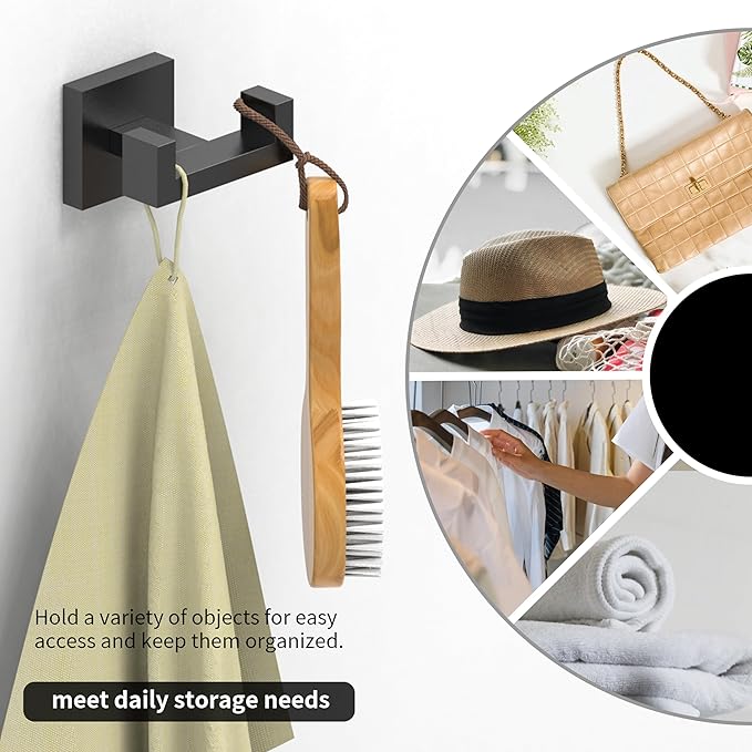 Ruacq Double Towel Hooks for Bathrooms, Heavy Duty Stainless Steel Square Bathroom Hooks, Wall Mounted Towel Hanger for Robe & Coat, Ideal for Kitchen, Bedroom, and Hotel Use(Matte Black)