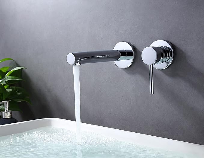 SUMERAIN Wall Mount Faucet for Bathroom Sink, Modern Chrome Bathroom Faucet Single Handle with Brass Valve