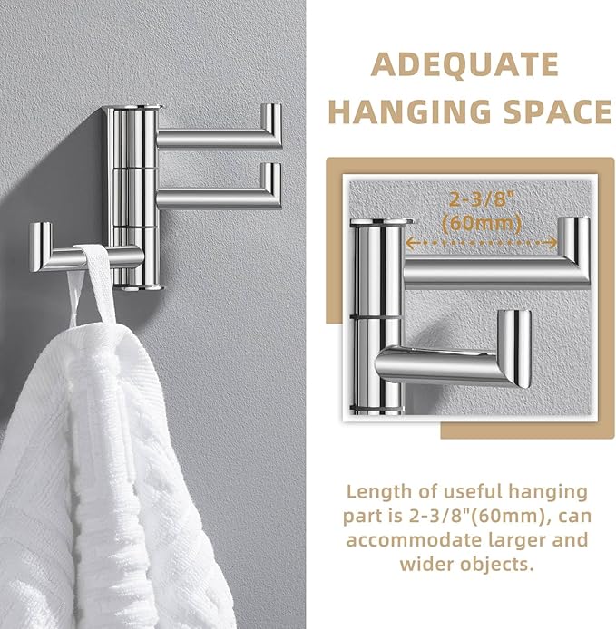Suyar Bathroom Towel Hook Polished Chrome, SUS 304 Stainless Steel Swivel Robe Hook with 3 Arms, Towel Hanger Wall Mounted