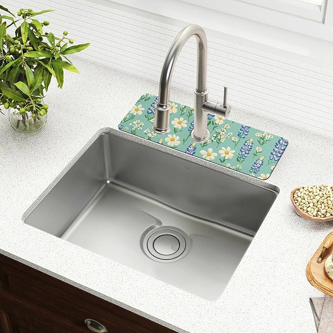 Kitchen Sink Splash Guard 1 PC 30 Inch Sink Faucet Mat Splash Guard for Bathroom Countertop Water Absorbent Foldable Cuttable Soft Washable Cute Green Bluebonnet and Daisies