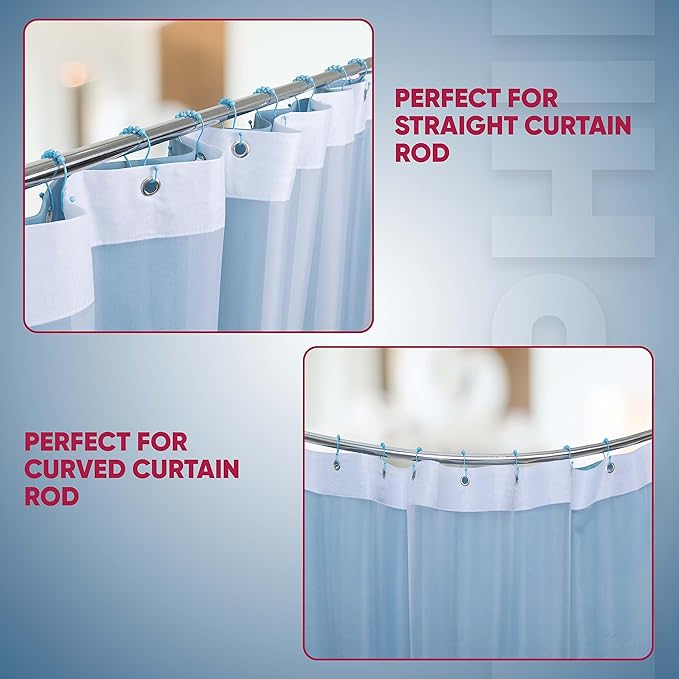 Shower Curtain Hooks Rust Proof (Set of 12) - Stainless Steel Shower Curtain Rings - Anti Slip Roller Balls for Easy Glide (Omega Double Hooks, Sky Blue)