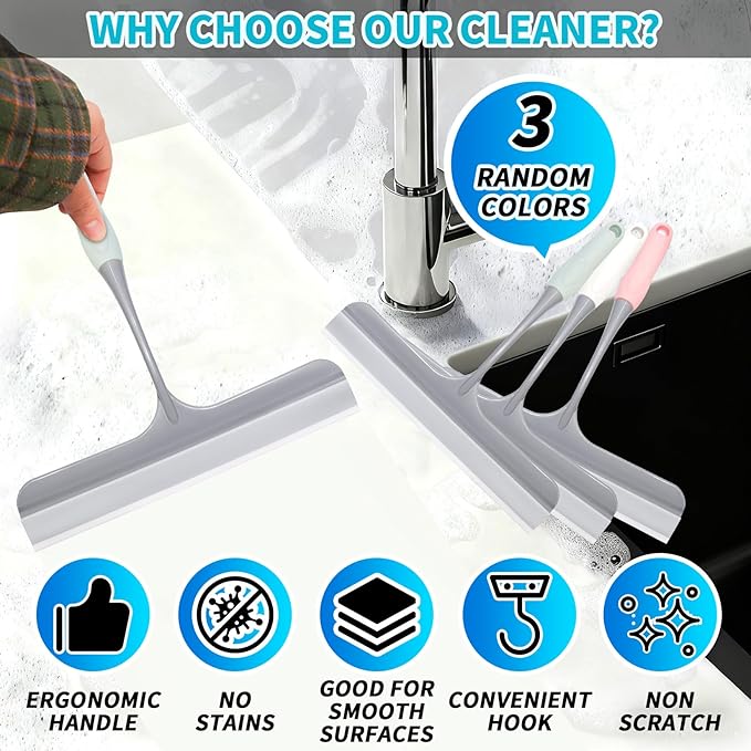 3pcs All-Purpose Safe Shower Squeegee for Glass Doors, with 3 Adhesive Hooks, Sinks and More,Window Cleaning Squeegee Glass Shower Door for Car Window Wiper Mirror Windshield
