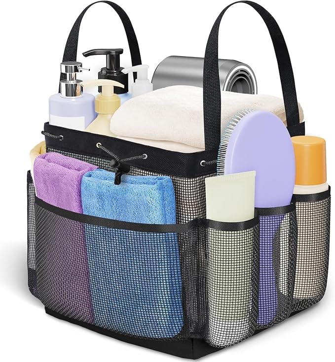 Large Mesh Shower Caddy Portable with Drawstring, 1 Main Compartment+ 7 Pockets, College Dorm Room Essentials for Girls, Shower Organizer Hanging Bag for Beach, Swim, Gym, Travel(Black)