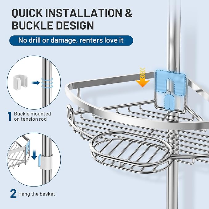 Corner Shower Caddy Tension Pole, 4 Tier Adjustable No Drill Rustproof Large Capacity Space-Saving Shower Shelves Organizer Storage Rack 45.29-119in for Bathroom Bathtub Family Renters, Chrome