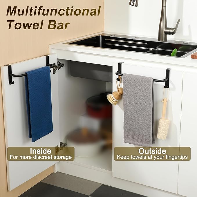SAYAYO Over Cabinet Towel Bar Black, 10 Inch Kitchen Towel Holder with 2 Hooks, Over The Cupboard Door Dish Towel Rack, 2 Pcs