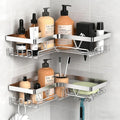 KEGII Corner Shower Caddy, Adhesive Shower Organizer with Soap Holder and Hooks, No Drilling Bathroom Shelf Rack, Silver