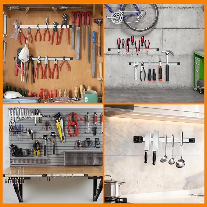 18" Magnetic Tool Holder Strip, 4 Pieces Silver Metal Tool Organizer Rack with Stainless Steel Surface, Magnet Bar for Garage Workshop, Easy To Install with Mounting Screws