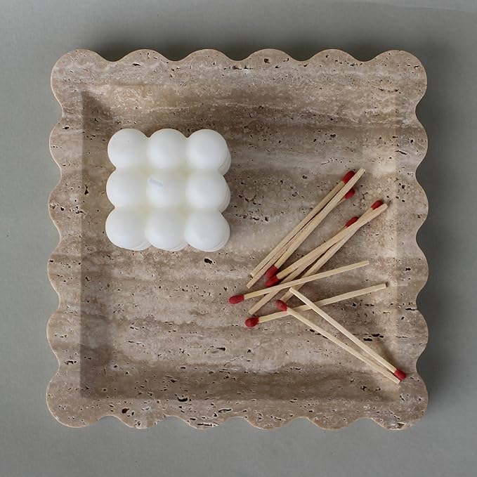 Natural Luxury Marble Tray with Scalloped Edge, Handmade Square Decorative Tray, Catch All Tray for Counter, Dresser, Nightstand and Home Décor (Beige Travertine)
