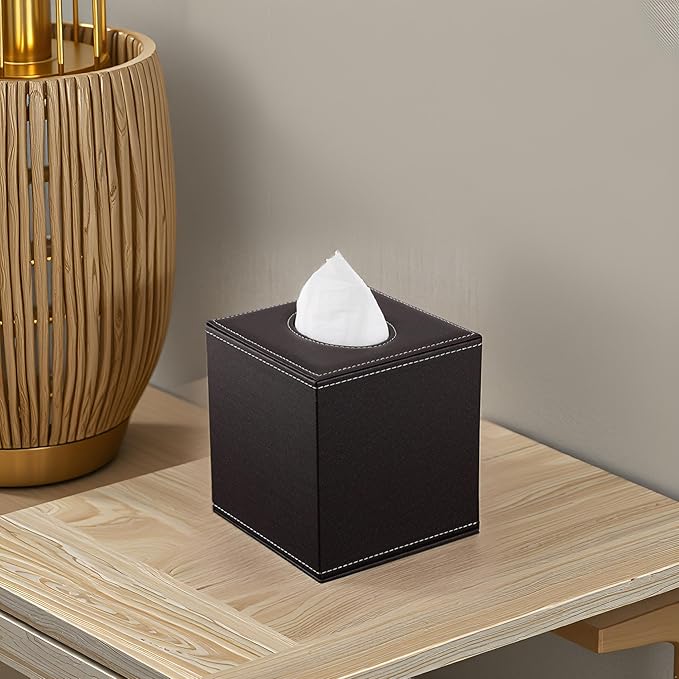 KINGFOM Square Pu Leather Tissue Box Cover, Modern Facial Tissue Holder, Roll Tissues Paper Case Dispenser for Bathroom Vanity Countertop, Night Stands, Office Desk & Car(Brown)