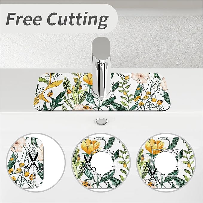 Kitchen Sink Splash Guard，Plants flowers ladybugs Faucet Mat Sink Gadgets-Super Absorbent Fast Drying Mat Drip Catcher for Kitchen, Bathroom,Sink Mat, Dish Drying Mat, Bathroom(15" X 5.5" )