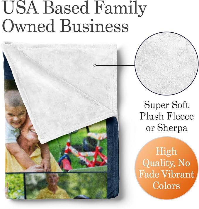 Ships Next Day, Custom Blanket with Picture and Text - Printed in USA, Personalized Photo Blanket with Text (Sherpa 50x60)