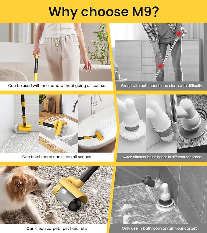 Electric Spin Scrubber, Cordless Cleaning Brush Scrubber for Home, 600RPM & 2.5H Runtime with Universal Brush Head, Bathroom Scrubber with Dual Speeds for Bathroom Shower Bathtub Glass Car
