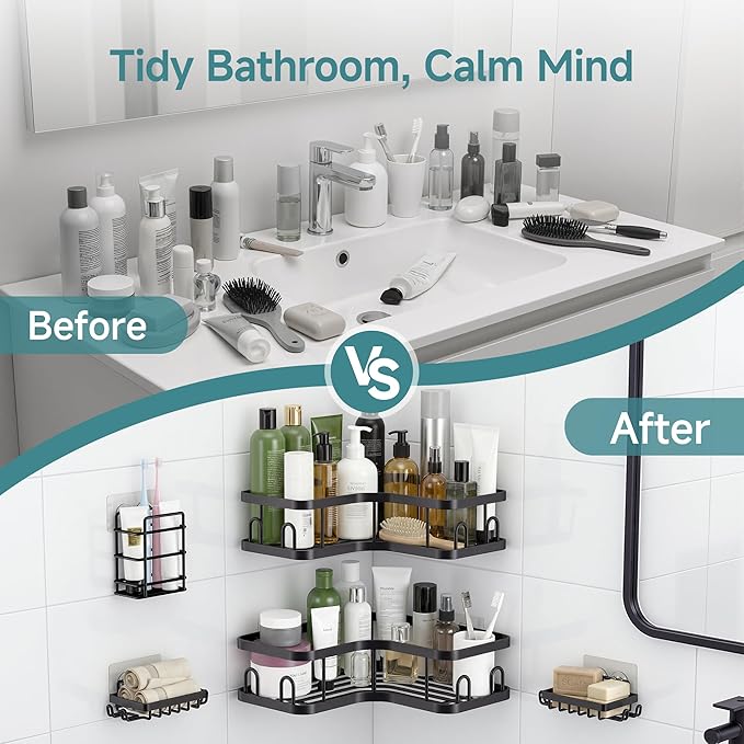 Veken Corner Shower Caddy 5-Pack, Advanced Rustproof Design, No Drilling Adhesive Shelves, Rack with Soap Holder, Large Capacity Bathroom Organizers and Storage, Wall-Mounted Kitchen & Home Decor