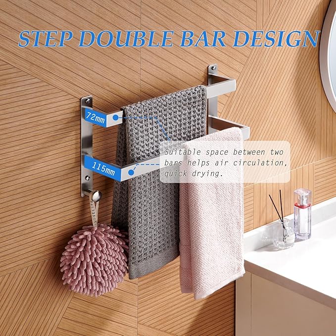 Bath Double Towel Bars with Hooks, 16 Inch Brushed Stainless Steel Towel Rail, Wall Mount Towel Rack for Bathroom Lavatory