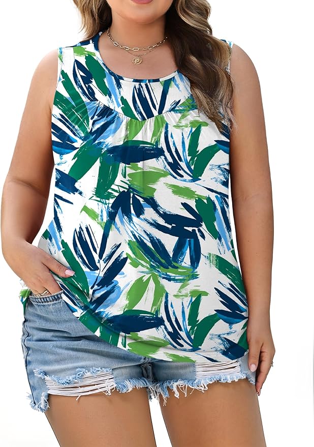 AKEWEI Womens Plus Size Tank Tops Ladies Sleeveless Summer Pleated Tops Oversized Flowy Tunics XL-5XL