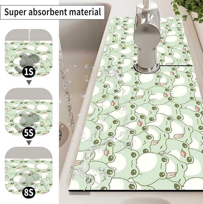 Absorbent Splash Guard Mat for Kitchen Sink, 15×5.5 Inch Cute Fast Drying Drip Catcher Behind Faucet Mat, Non-Slip, Washable Sink Mat Gadgets for Bathroom, Kitchen, Bar Green Frog