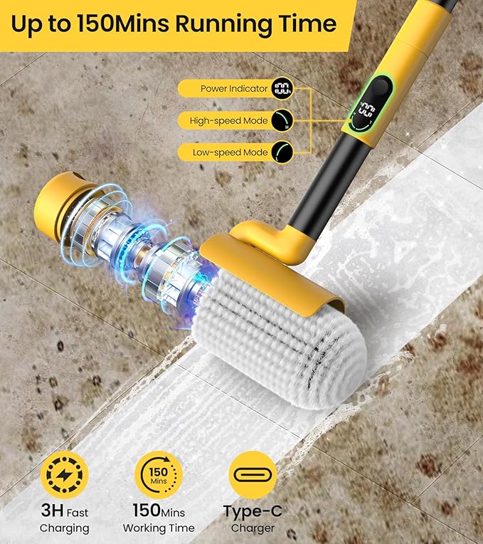 Electric Spin Scrubber, Cordless Cleaning Brush Scrubber for Home, 600RPM & 2.5H Runtime with Universal Brush Head, Bathroom Scrubber with Dual Speeds for Bathroom Shower Bathtub Glass Car