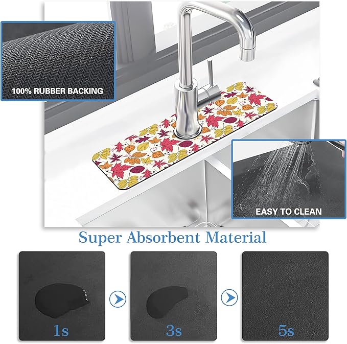 Faucet Mat Splash Guard Autumn Colorful Leave, Soft Diatom Mud Material, Strong Water Absorption, Non-slip,Easy to Clean for Bathroom, Kitchen 15"X5.5"