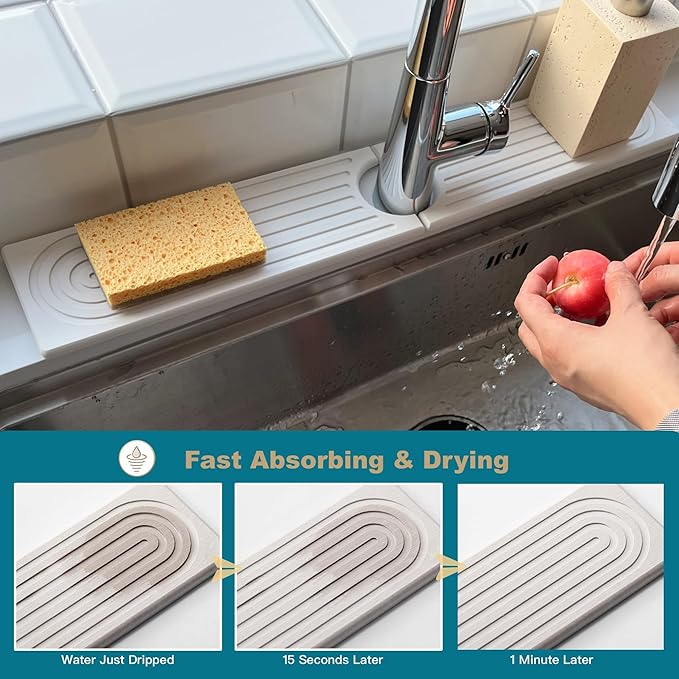 Faucet Mat for Kitchen Sink, Stone Drying Mat for Kitchen Counter, Stone Mat Bathroom, Kitchen Mat, Sink Mat, Water Absorbing Stone Tray for Sink, Bathroom Stone Mat (WHITE, 23.6*4")