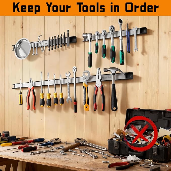 18" Magnetic Tool Holder Strip, 4 Pieces Silver Metal Tool Organizer Rack with Stainless Steel Surface, Magnet Bar for Garage Workshop, Easy To Install with Mounting Screws