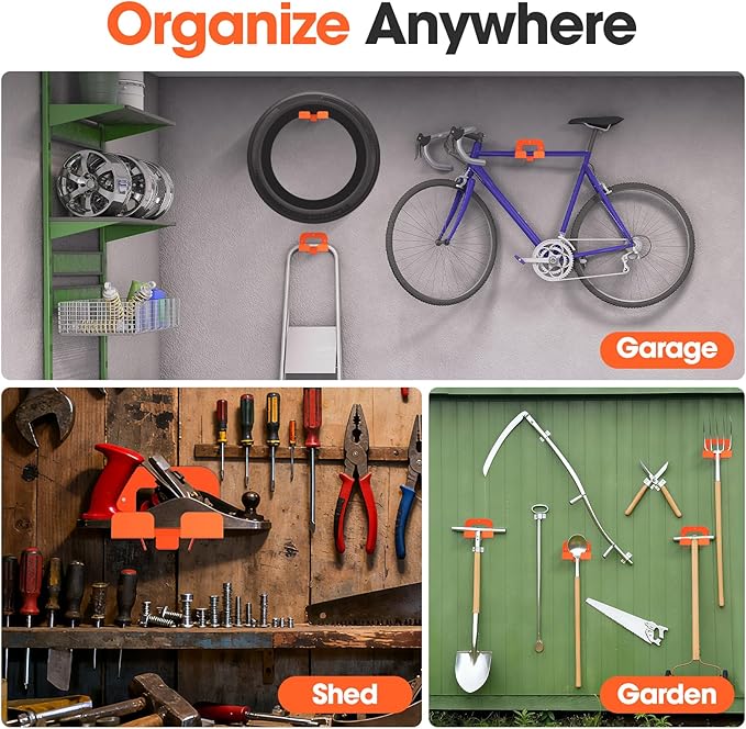 6-Pack Garage Tool Organizer Trimmer Rack, Weed Eater Hanger, Matel Wall Hooks Weed Wacker Holder, Heavy Duty Wall Hangers for Grass Trimmer, Hedge Trimmer, Garden Tools Storage, Orange