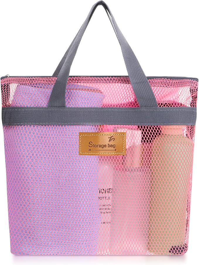 KALIONE Mesh Shower Caddy Bag, Portable Gym Shower Bag, Quick Dry Hanging Toiletry and Bath Organizer with Zipper for College Dorm, Gym, Yoga, Swimming Pool, Travel(Pink)
