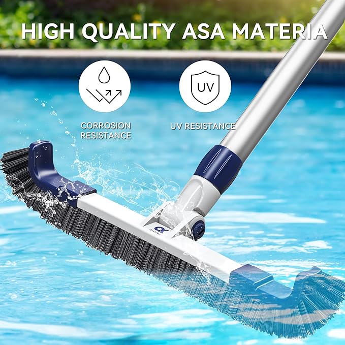 19" 2 in 1 Detachable Curved Edge Pool Brush Head for Inground/Above Ground Pool, Adjustable 180° Handle Rotation, ASA Material Pool Brush for Cleaning Pool Walls, Waterline Tiles & Floors