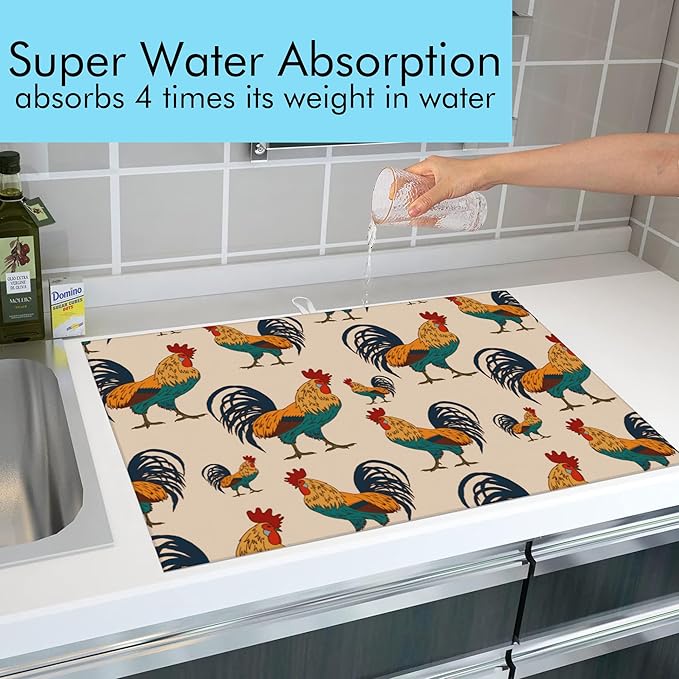 Large Dish Drying Mat for Kitchen Counter,18"X24" Beautiful Rooster Cock Super Absorbent Reversible Microfiber Dish Drying Mat Dish Drainer Mat,Dishes Mat Drying Pad for Kitchen Countertop Coffee Bar