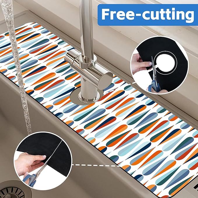 Mid-Century Drop Shapes Kitchen Sink Splash Guard Mat Absorbent Fast Drying Mat Faucet Draining Mat Sink Splash Guard Behind Faucet Drip Catcher for Kitchen Bathroom 5.5"×24"