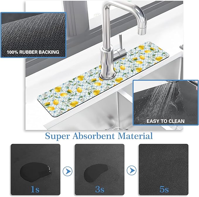 Faucet Mat for Kitchen Sink Sicilian Watercolor Lemon Blue Tile, Soft Diatom Mud Material, Strong Water Absorption, Non-slip, Easy to Clean for Bathroom, Kitchen 23.5"X5.5"