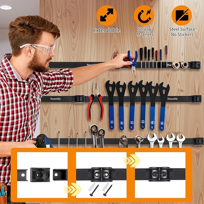 18" Magnetic Tool Holder Strip, 4 Pieces Black Metal Tool Organizer Rack with Stainless Steel Surface, Magnet Bar for Garage Workshop, Easy To Install with Mounting Screws