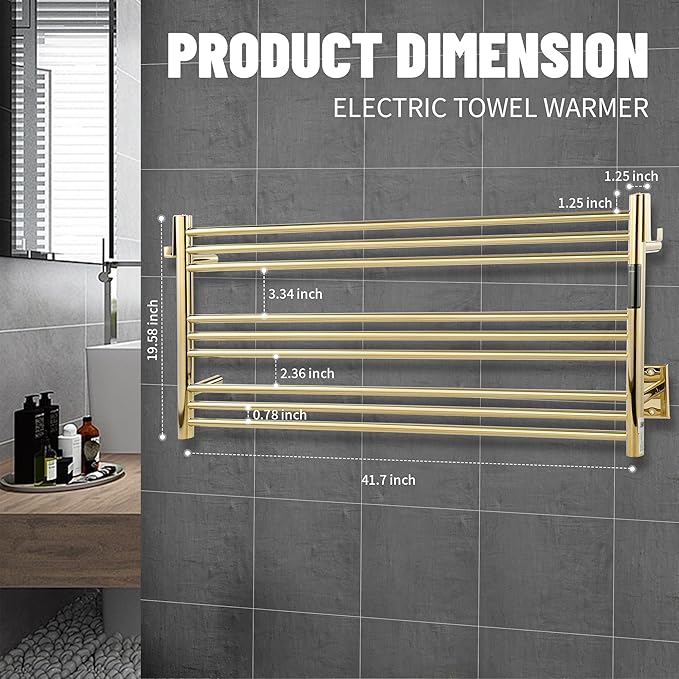 K&KALONZO Towel Warmer for Bathroom, Wall-Mounted 9-Bar Heated Towel Rack with Built-in Timer, Waterproof Electric Towel Heater, Support Plug-in and Hardwired, Polished Gold, EL13L