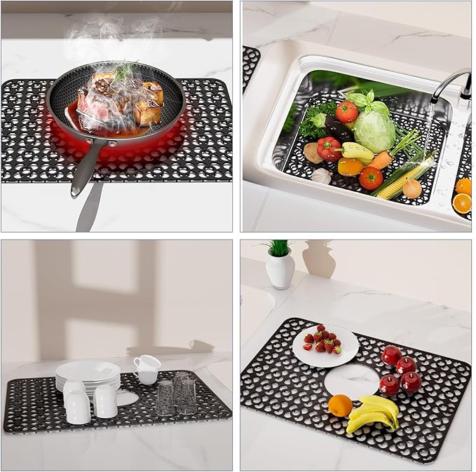 TOOVEM Kitchen Sink Mats, Sink Protectors for Kitchen Sink, 11.5 x 18.2 Inch Silicone Heat Resistant Non-Slip for Bottom of Kitchen Stainless Steel Sink Mats, Black