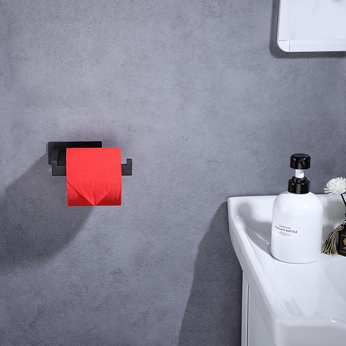 LANC Self-Adhesive Toilet Paper Holder, Matte Black Toilet Tissue Holder Wall Mounted for Bathroom Kitchen, Stick On Paper Roll Holder with No Drilling Rustproof Stainless Steel, A8307MB