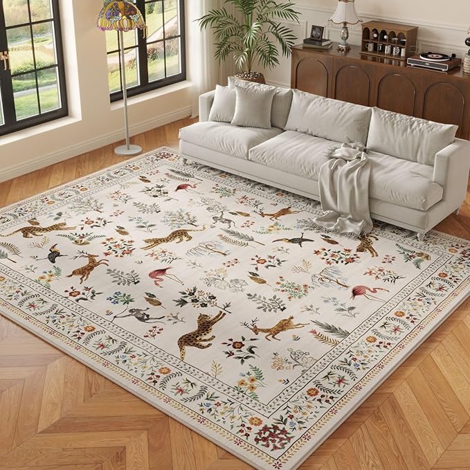 Rugcomf Area Rugs 8x10 Rug for Living Room Clearance Washable Boho Area Rug Non Slip Floral Animal Vintage Low Pile Large Rug for Living Room, Bedroom, Farmhouse, Dining Room, Kids Playroom (Beige)